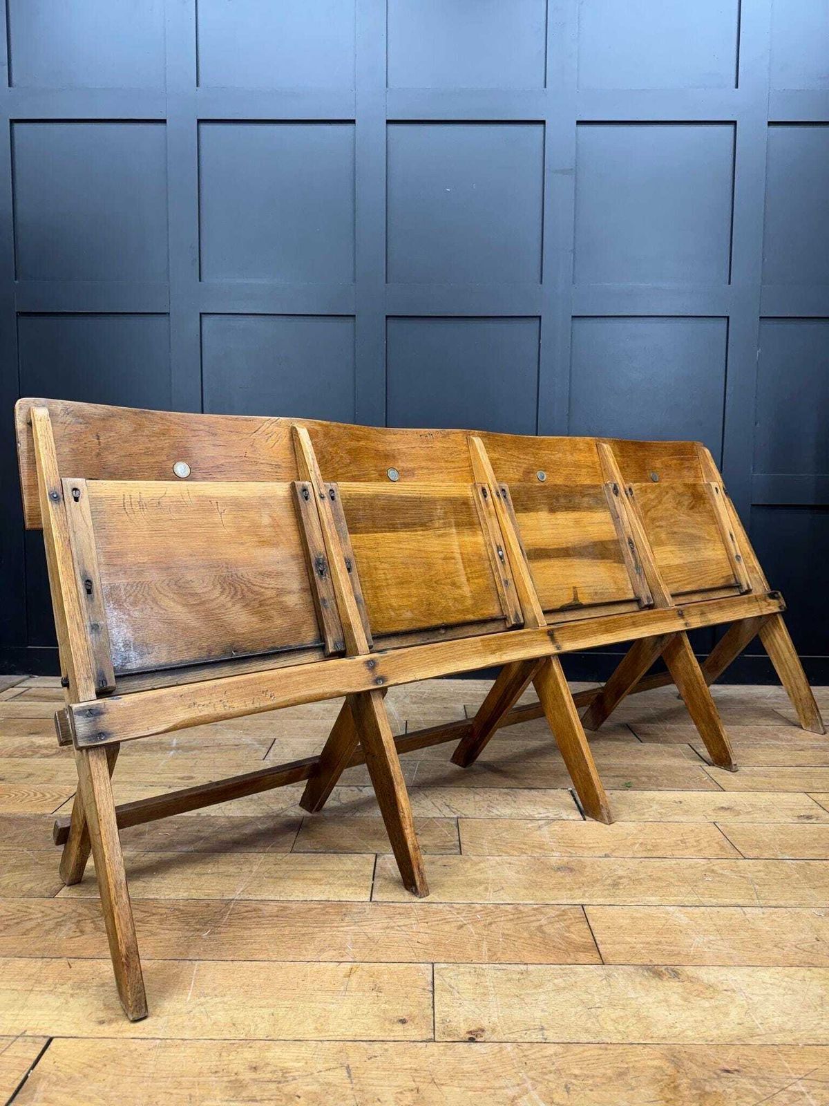 Salvaged Antique Oak Church Chairs Bench Seat / Hallway Folding Seating photo Furniture
