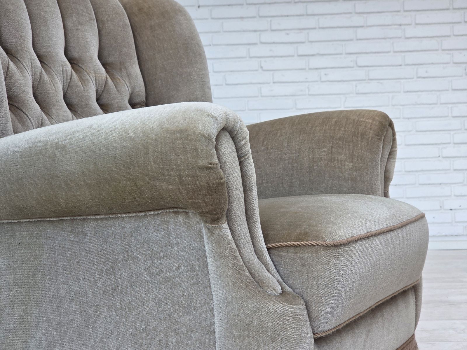 1970s, Danish Armchair, Original Condition, Furniture Velour, Beech Wood. photo furniture