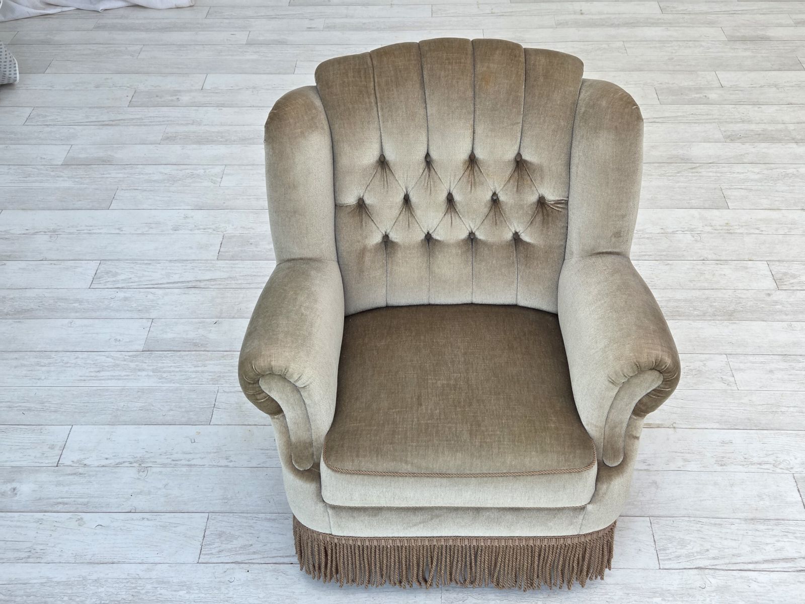 1970s, Danish Armchair, Original Condition, Furniture Velour, Beech Wood. photo vintage