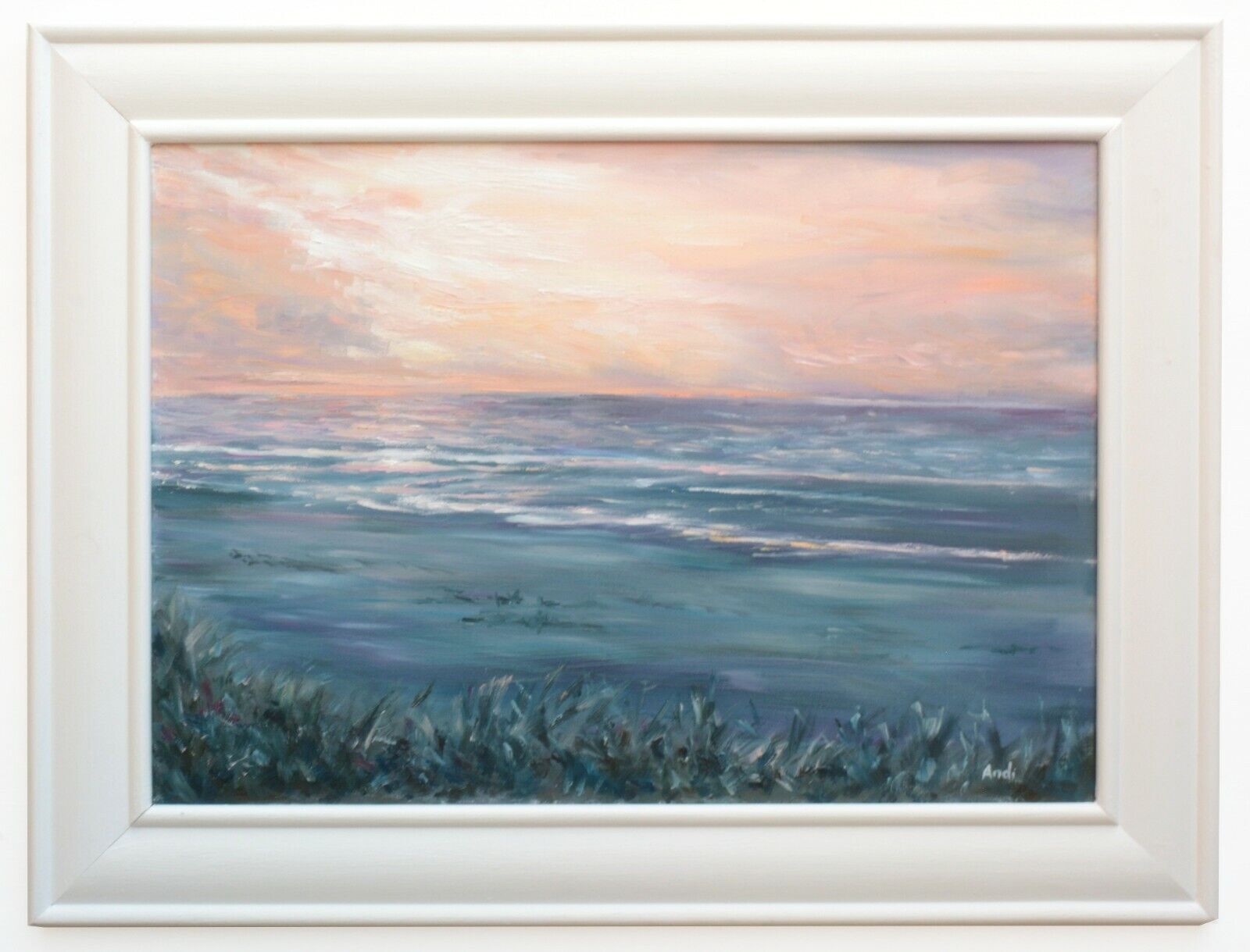 Normandy French Beach Sunset Seascape Oil Painting Wall Art Framed Andi J Lucas photo furniture