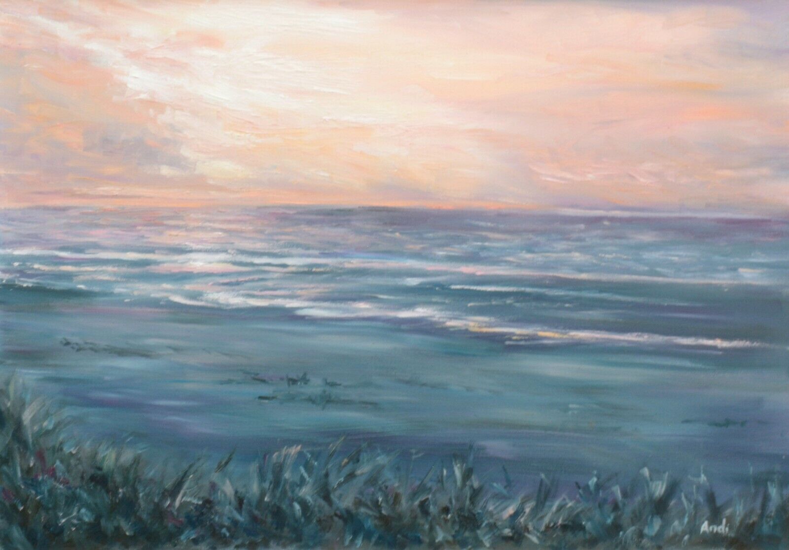 Normandy French Beach Sunset Seascape Oil Painting Wall Art Framed Andi J Lucas photo for sale
