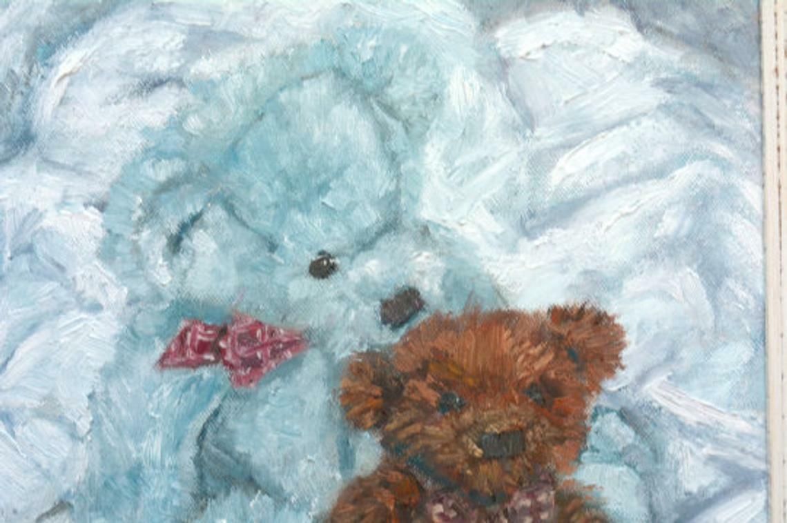 Original Framed Oil Painting Pale Blue & Brown Teddy Bears Teddies Andi J Lucas photo Art