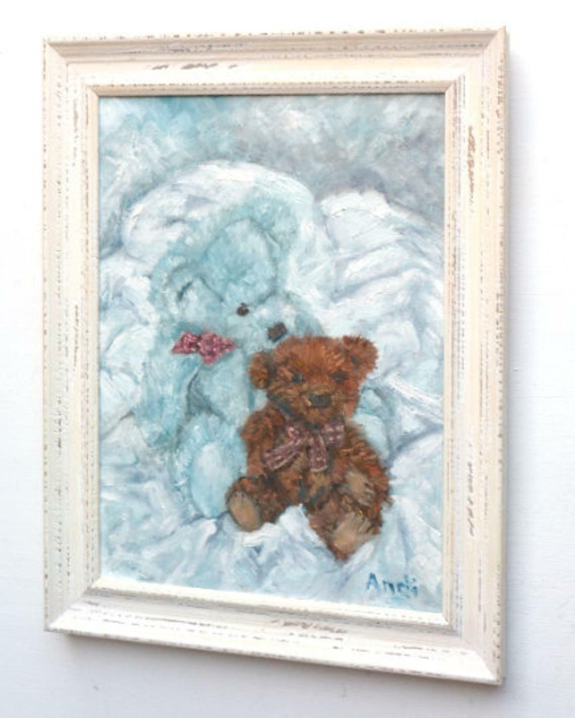 Original Framed Oil Painting Pale Blue & Brown Teddy Bears Teddies Andi J Lucas photo vinterior