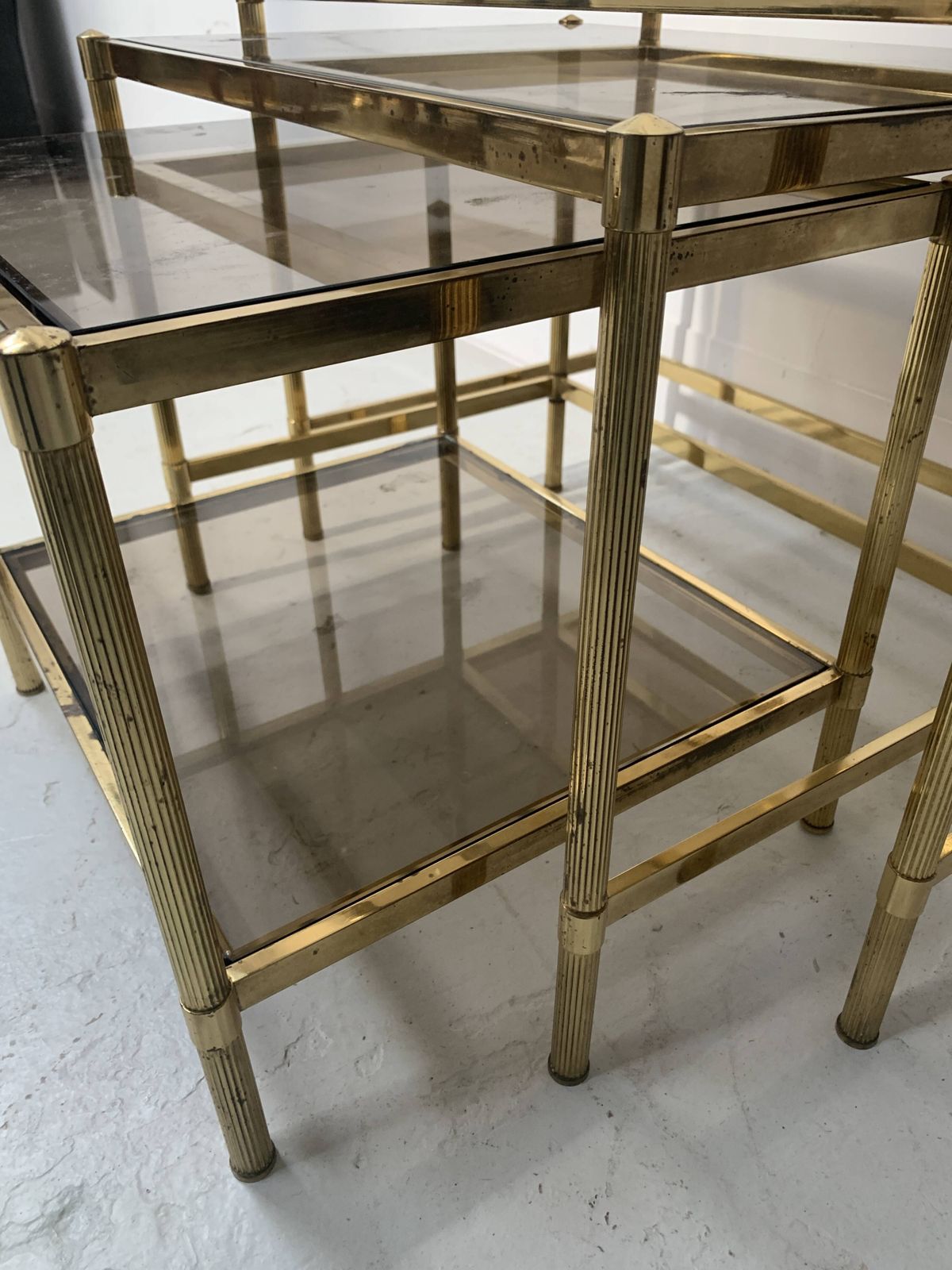 Set Of Three Nesting Tables In Brass And Smoked Glass, 20th Century photo buy