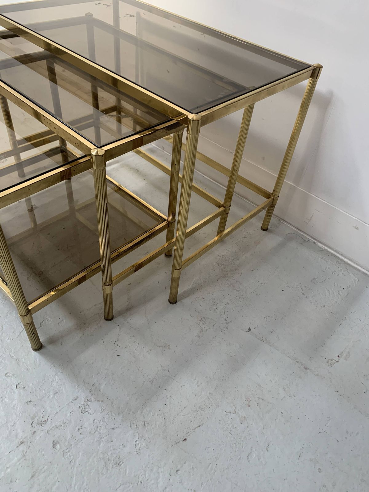 Set Of Three Nesting Tables In Brass And Smoked Glass, 20th Century photo vintage