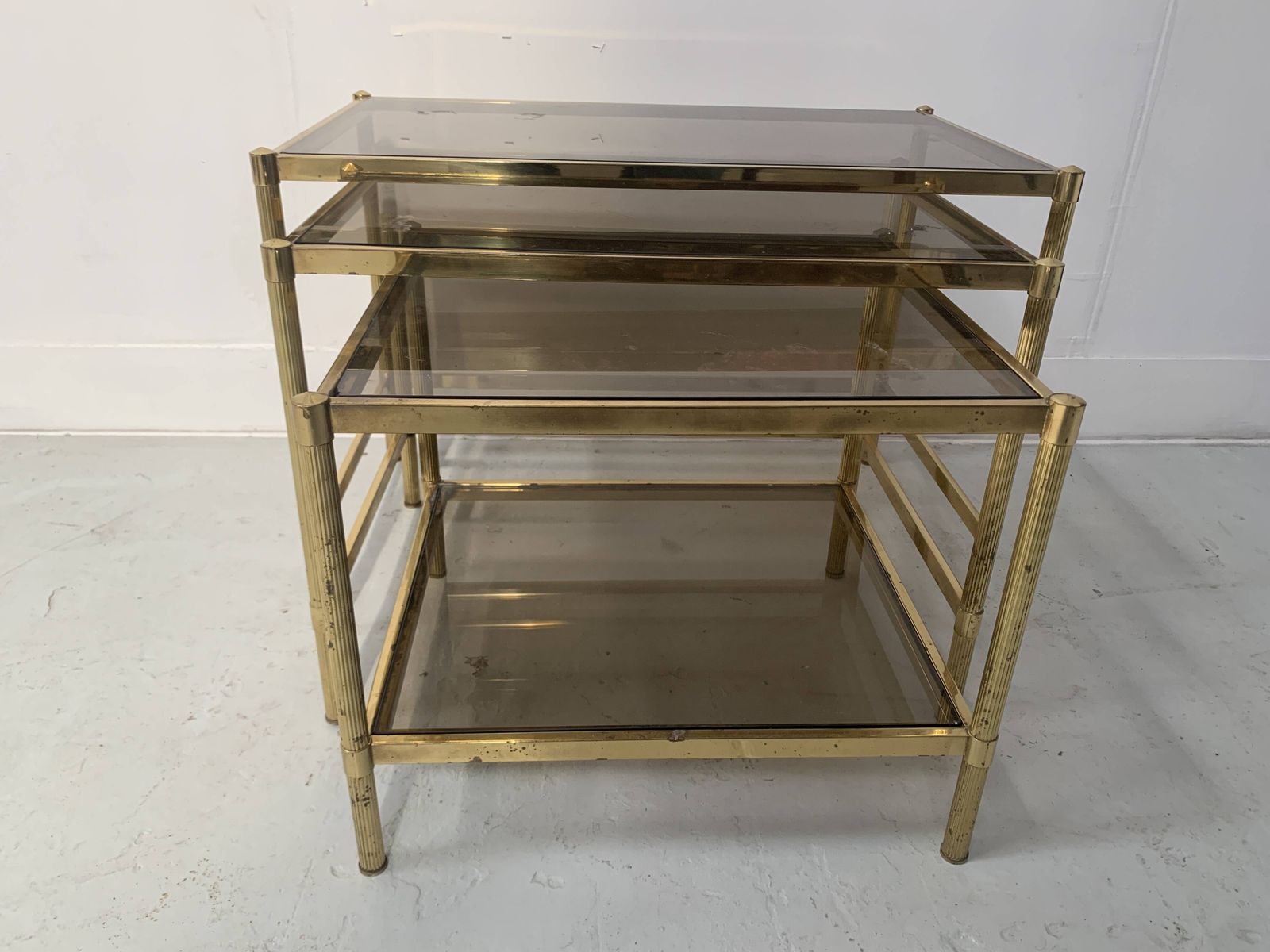 Furniture Set Of Three Nesting Tables In Brass And Smoked Glass, 20th Century photo