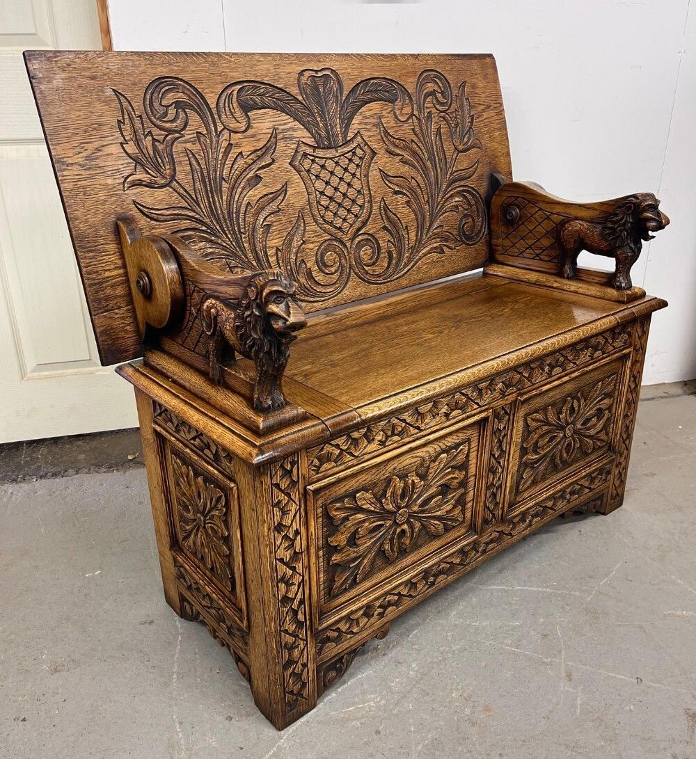 Antique Carved Oak Monks Bench Hall Seat