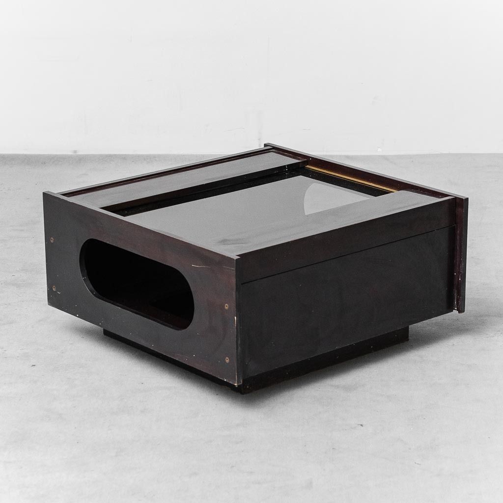 Wooden Coffee Table With Opening Top, Smoked Glass, 1970s Vintage, Modern Antiques photo buy