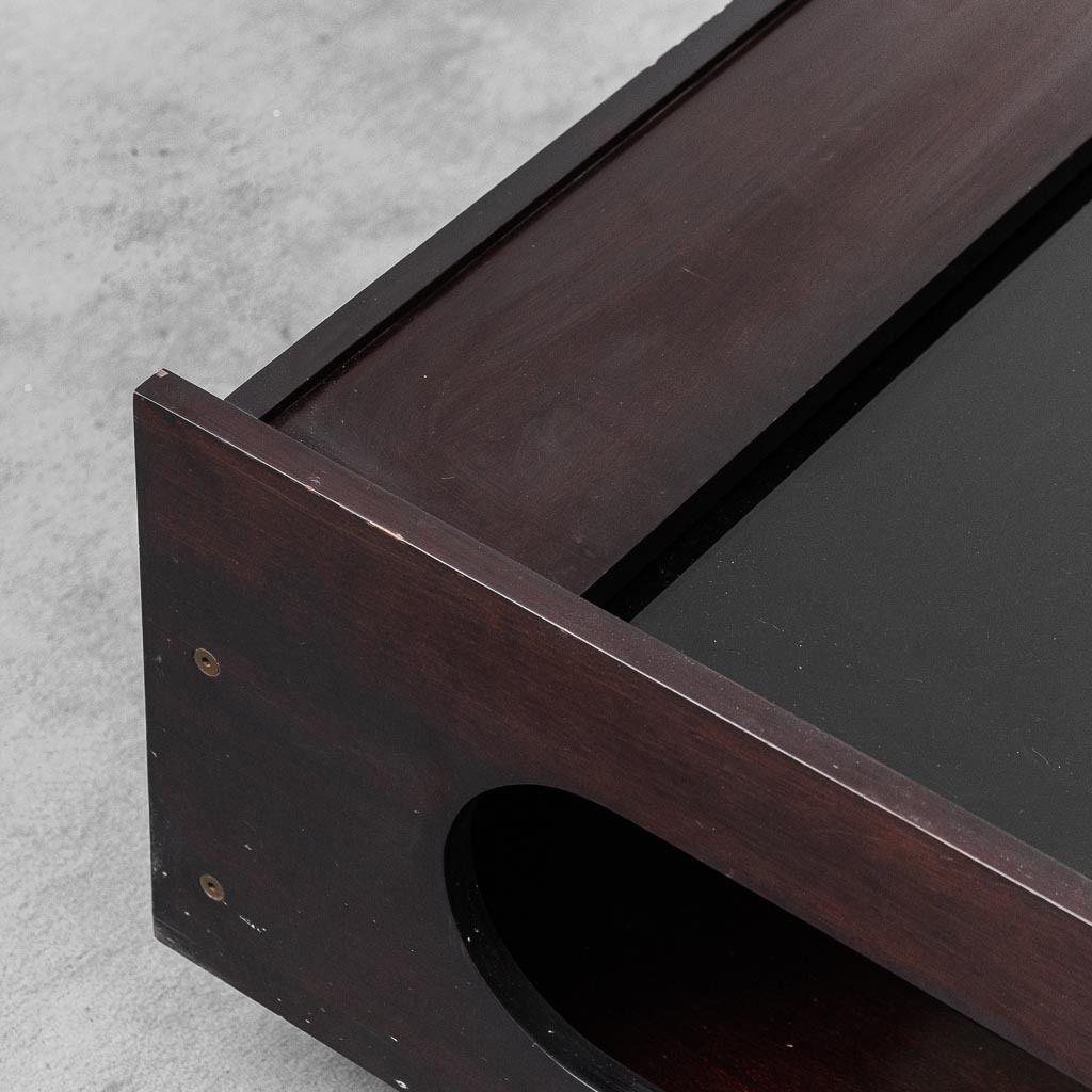 Furniture Wooden Coffee Table With Opening Top, Smoked Glass, 1970s Vintage, Modern Antiques photo