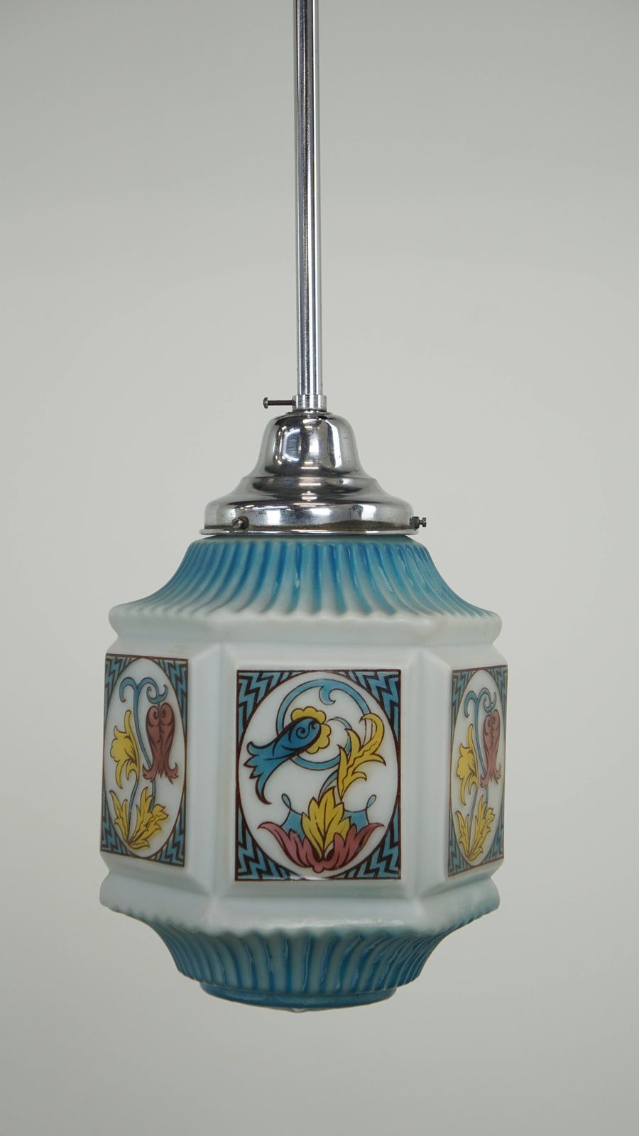 Vintage Mainly Blue Art Deco Design Pendant Lamp With Beautifully Painted Glass photo furniture