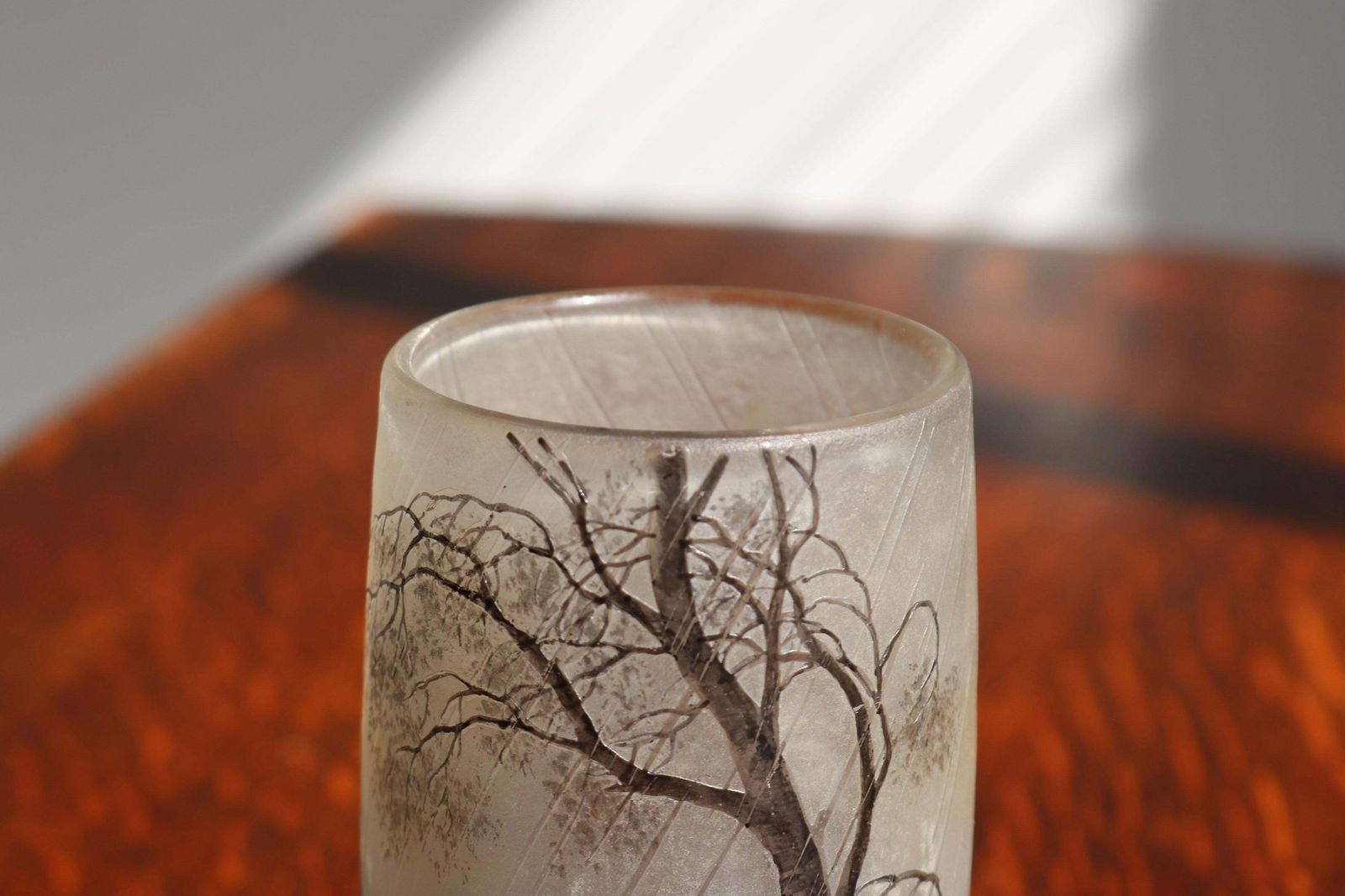 Cameo Etched & Enameled Glass Vase 'Paysage De Pluie' By Daum Freres Rain Scene photo for sale