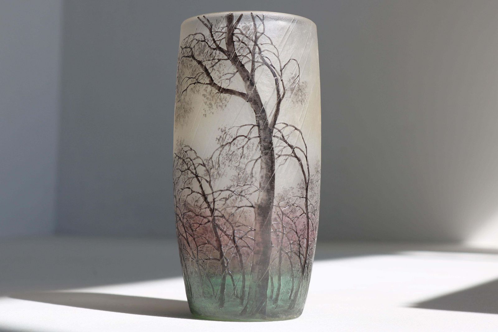 9899.0 Cameo Etched & Enameled Glass Vase 'Paysage De Pluie' By Daum Freres Rain Scene photo