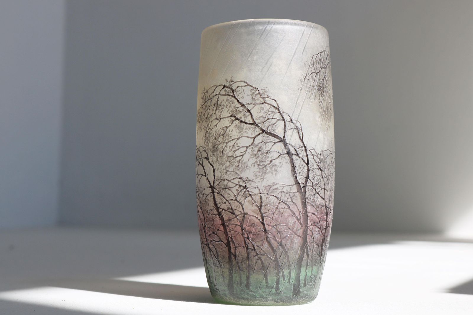photo vinterior Cameo Etched & Enameled Glass Vase 'Paysage De Pluie' By Daum Freres Rain Scene