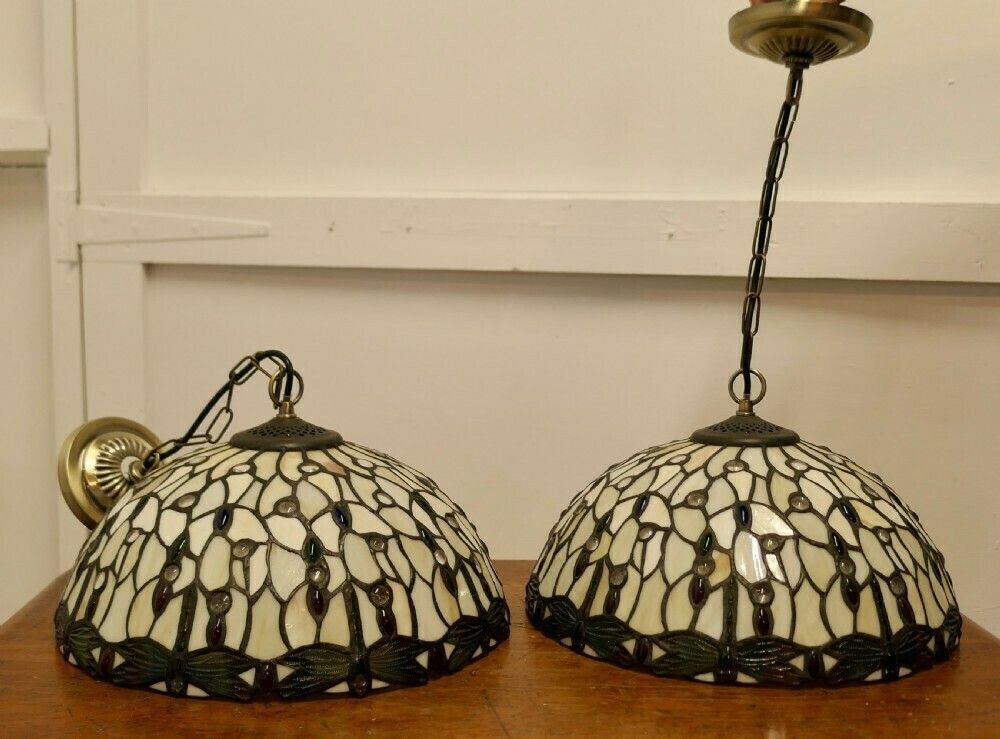 A Pair Of Large Vintage Tiffany Style Lights Arts And Crafts Lampshades photo buy