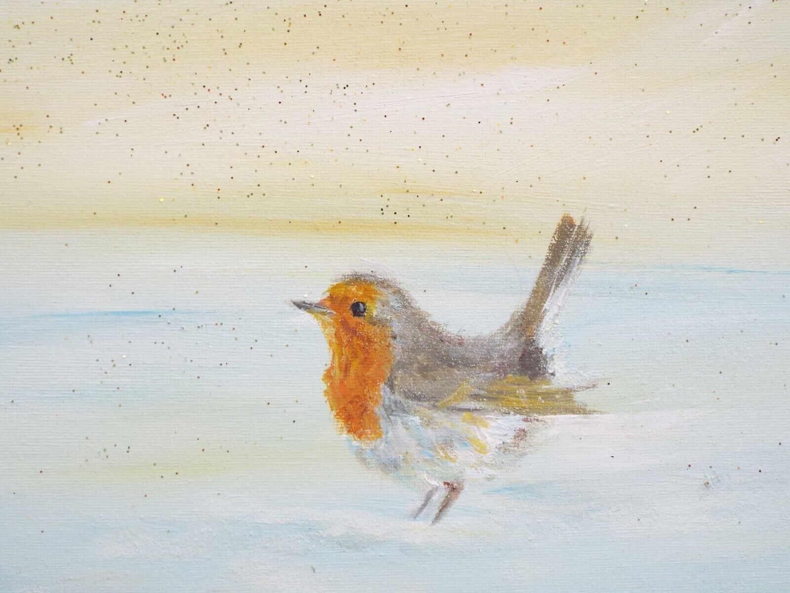 Original Signed Painting Robin Winter Landscape Snow Scene 30x80cm Andi J Lucas photo for sale