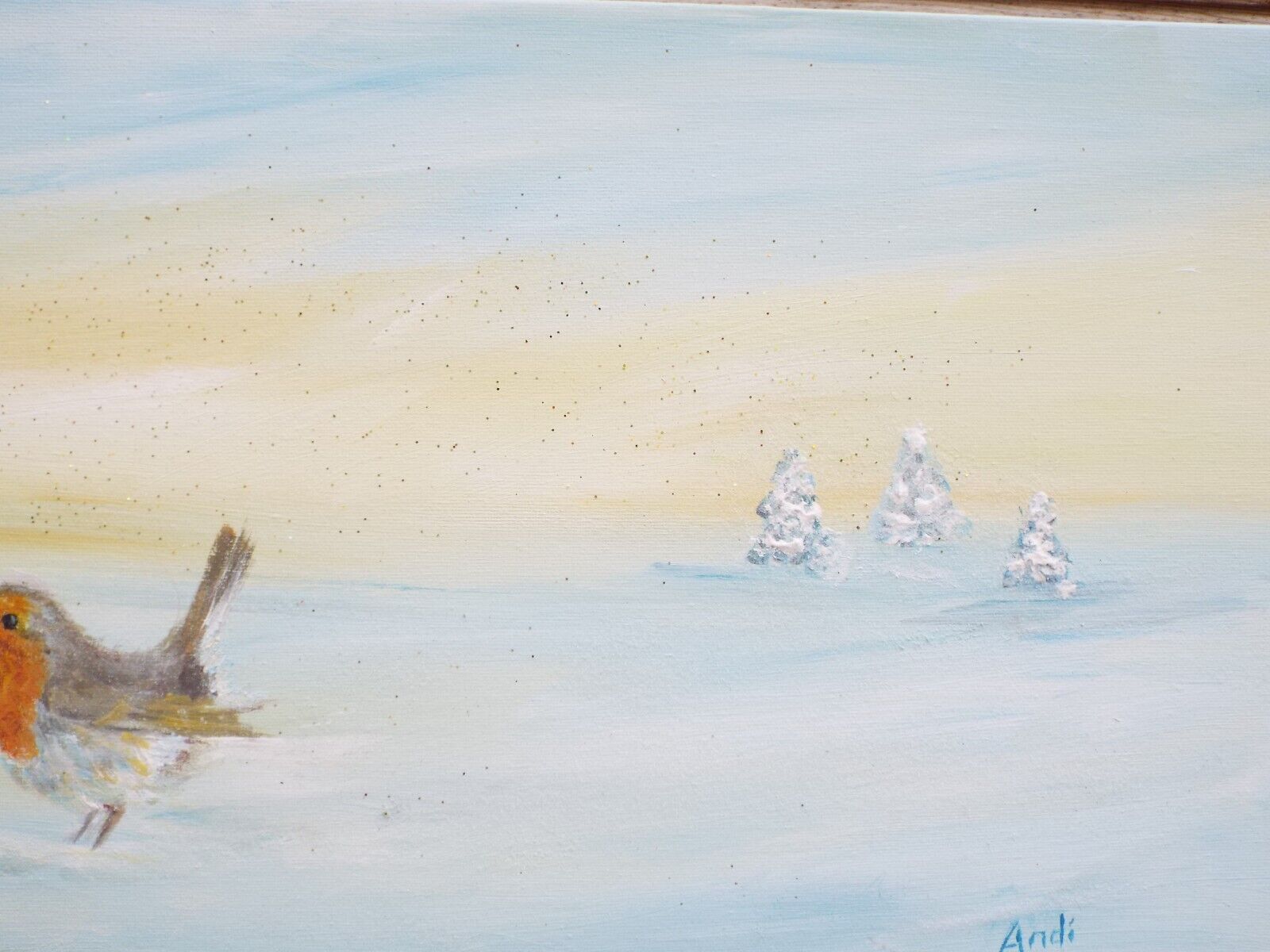 Original Signed Painting Robin Winter Landscape Snow Scene 30x80cm Andi J Lucas photo 165.0