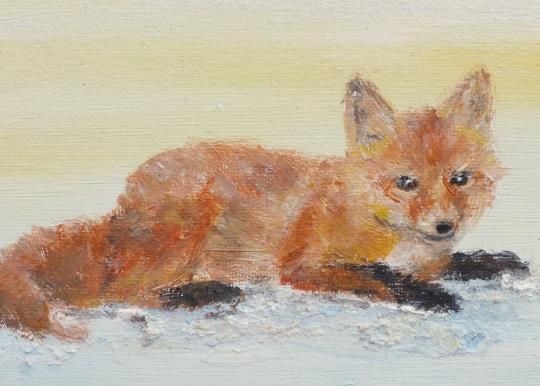 Original Signed Painting Fox Winter Landscape Snow Scene 30x80cm Andi J Lucas photo for sale