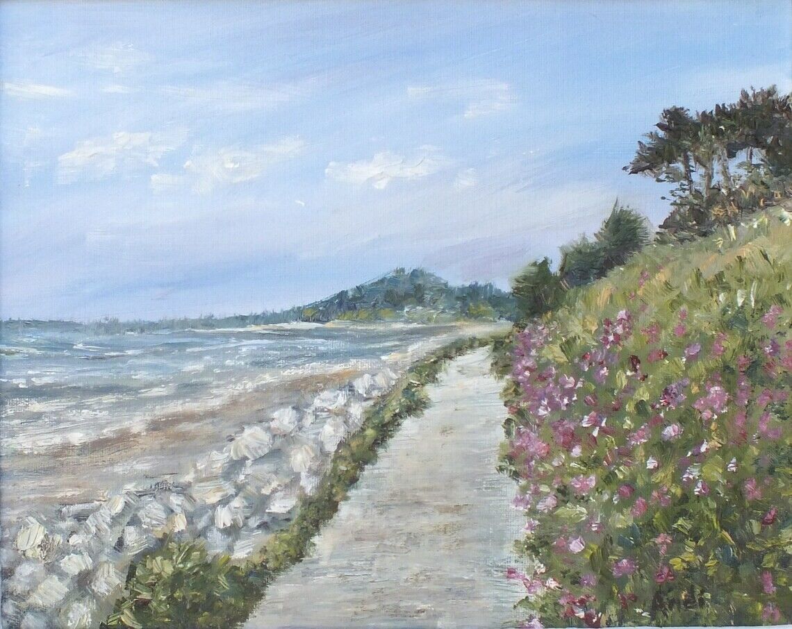 Beach Seaside Seascape Floral Original Oil Painting Signed Framed Andi J Lucas photo vintage