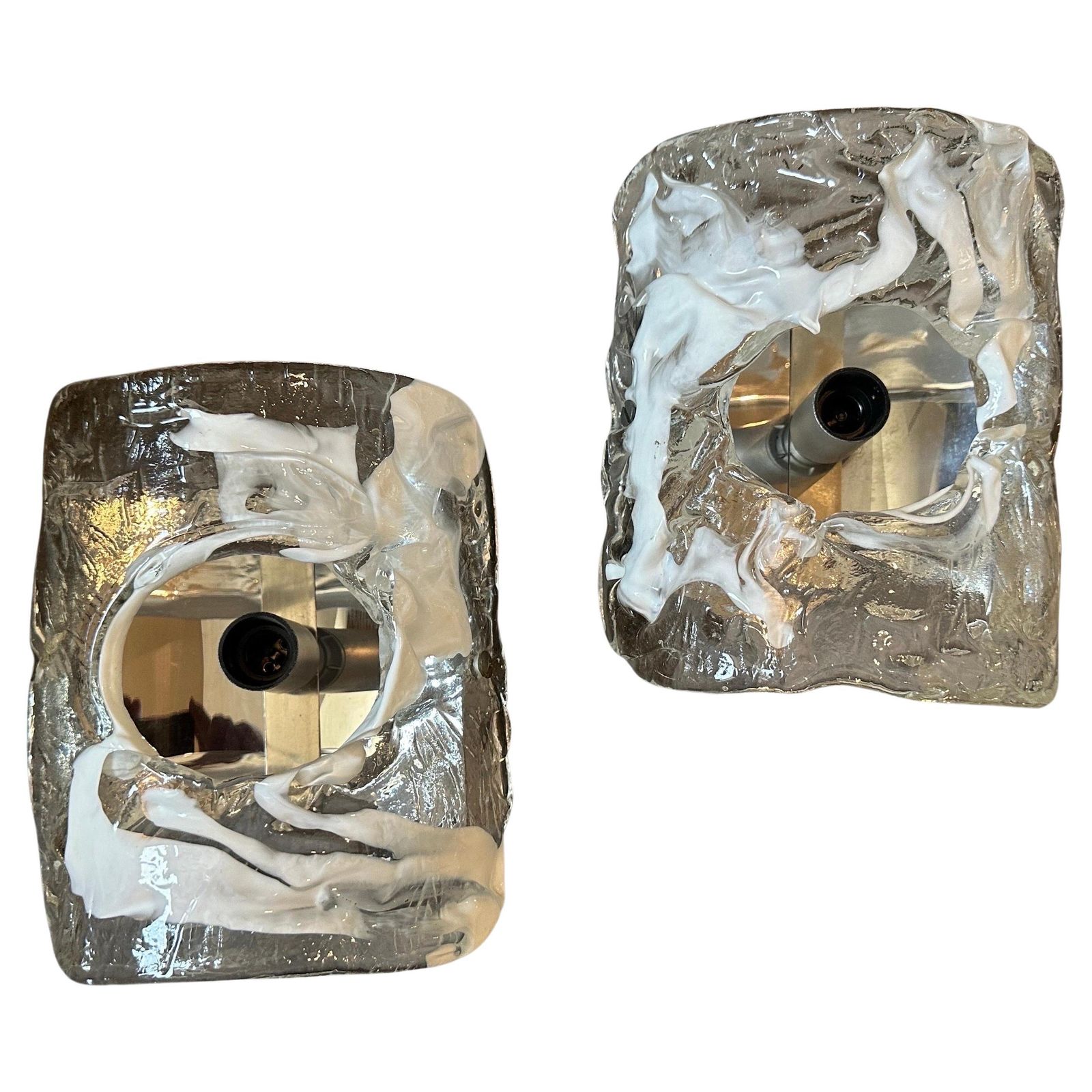 1970s Spage Age Clear And White Murano Glass And Steel Wall Sconces By Mazzega