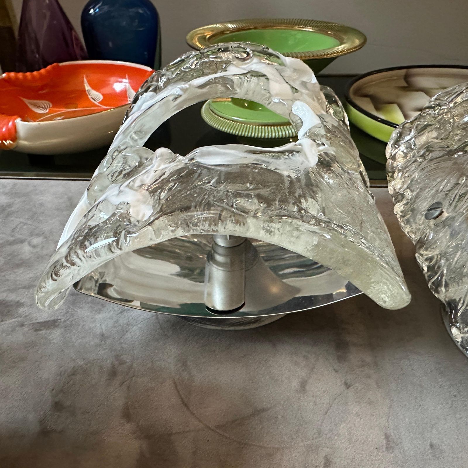 1970s Spage Age Clear And White Murano Glass And Steel Wall Sconces By Mazzega photo vintage