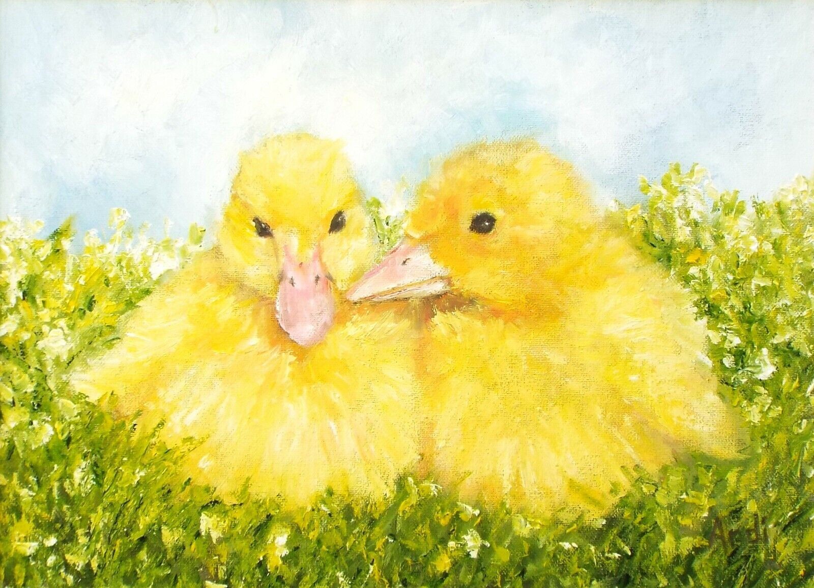 Yellow Ducklings Ducks Farmyard Original Oil Painting Signed Framed Andi J Lucas photo furniture