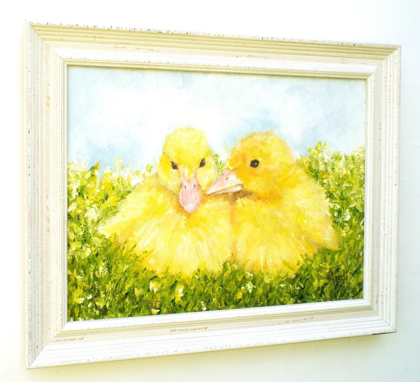 Yellow Ducklings Ducks Farmyard Original Oil Painting Signed Framed Andi J Lucas photo Art