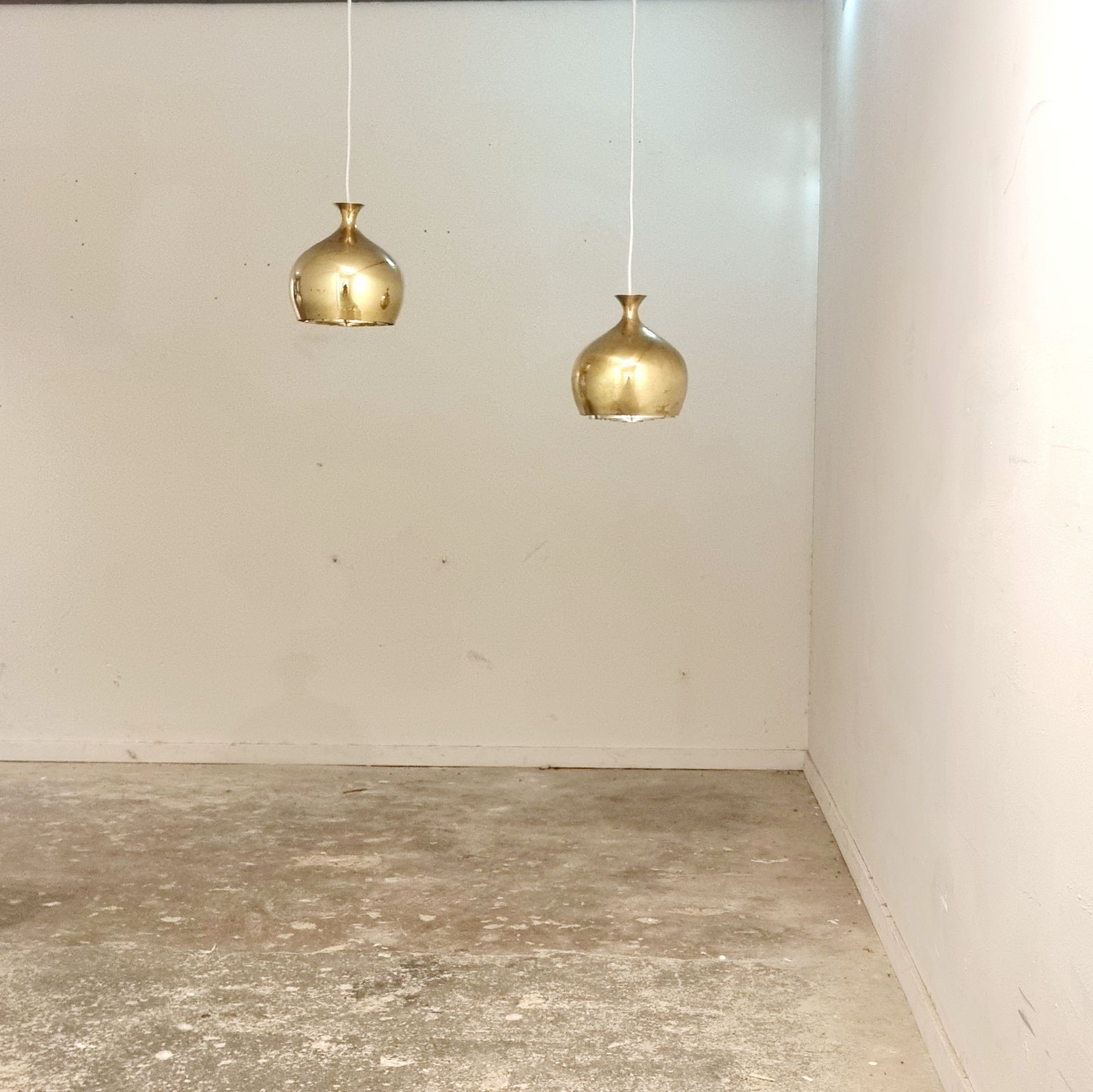 Set Of Two Elegant Brass Pendant Lamps Löken By Helge Zimdal For Falkenbergs Sweden 1960s photo Lighting