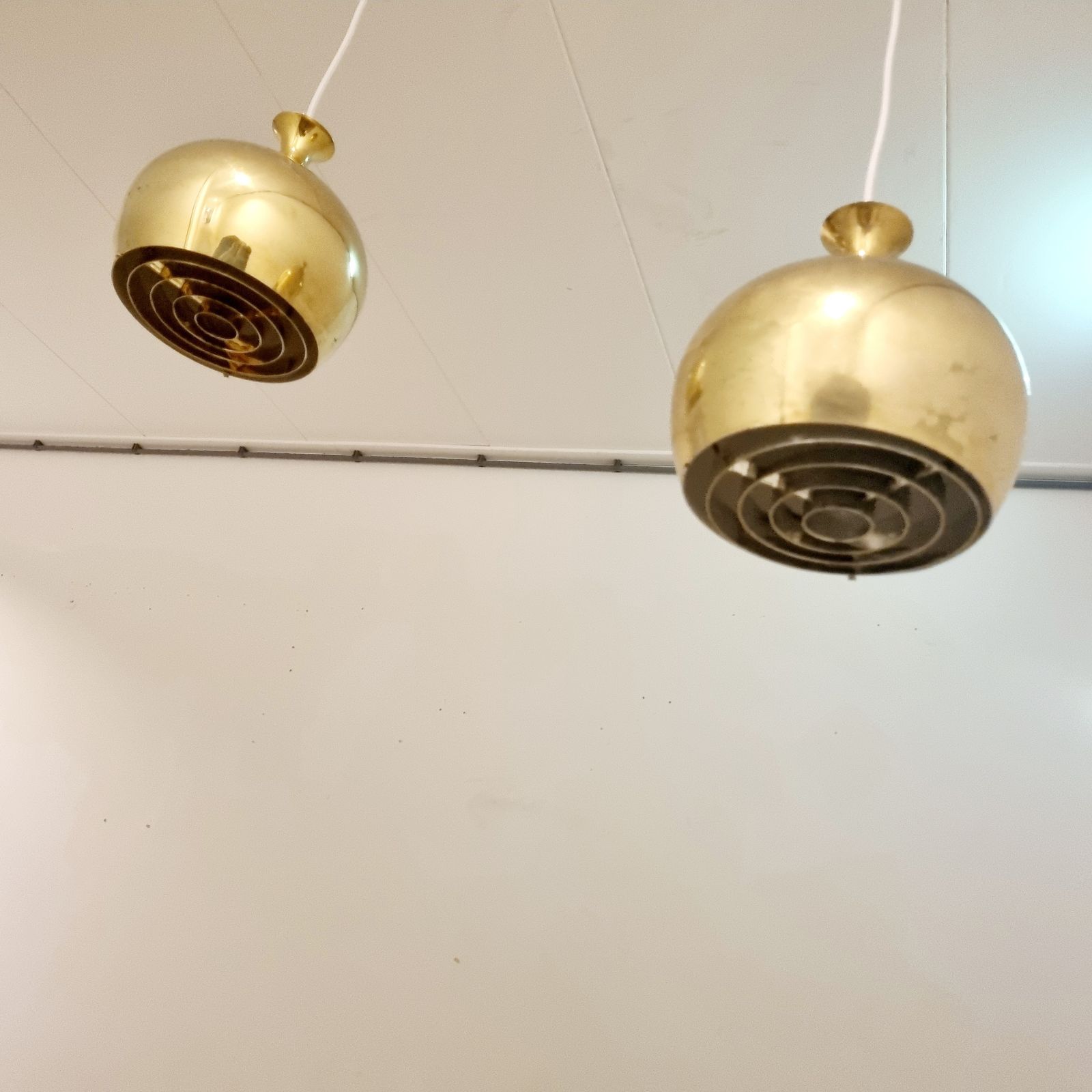 Set Of Two Elegant Brass Pendant Lamps Löken By Helge Zimdal For Falkenbergs Sweden 1960s photo vinterior