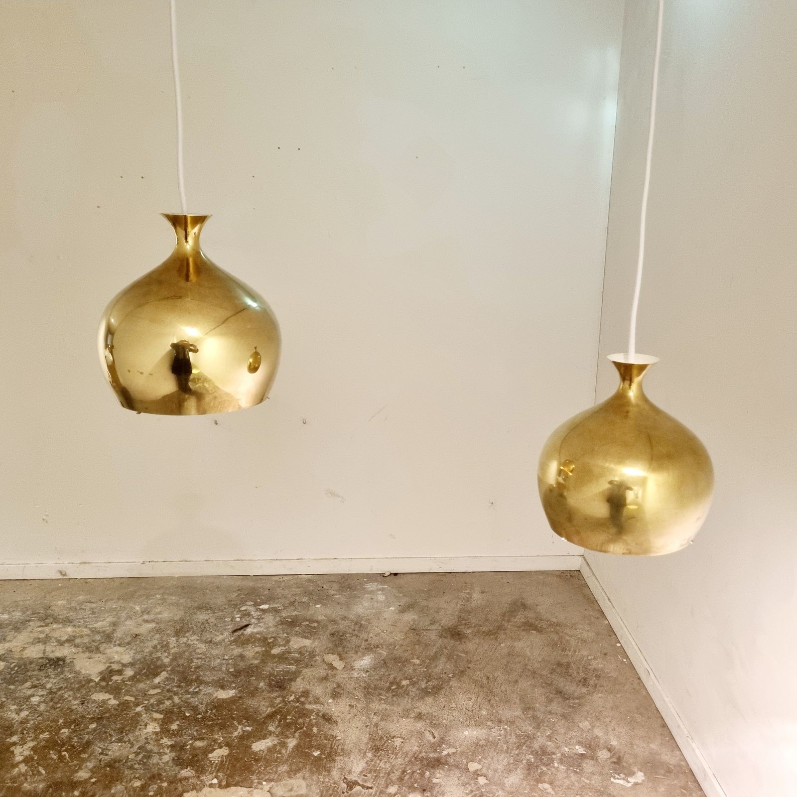 Set Of Two Elegant Brass Pendant Lamps Löken By Helge Zimdal For Falkenbergs Sweden 1960s photo vintage