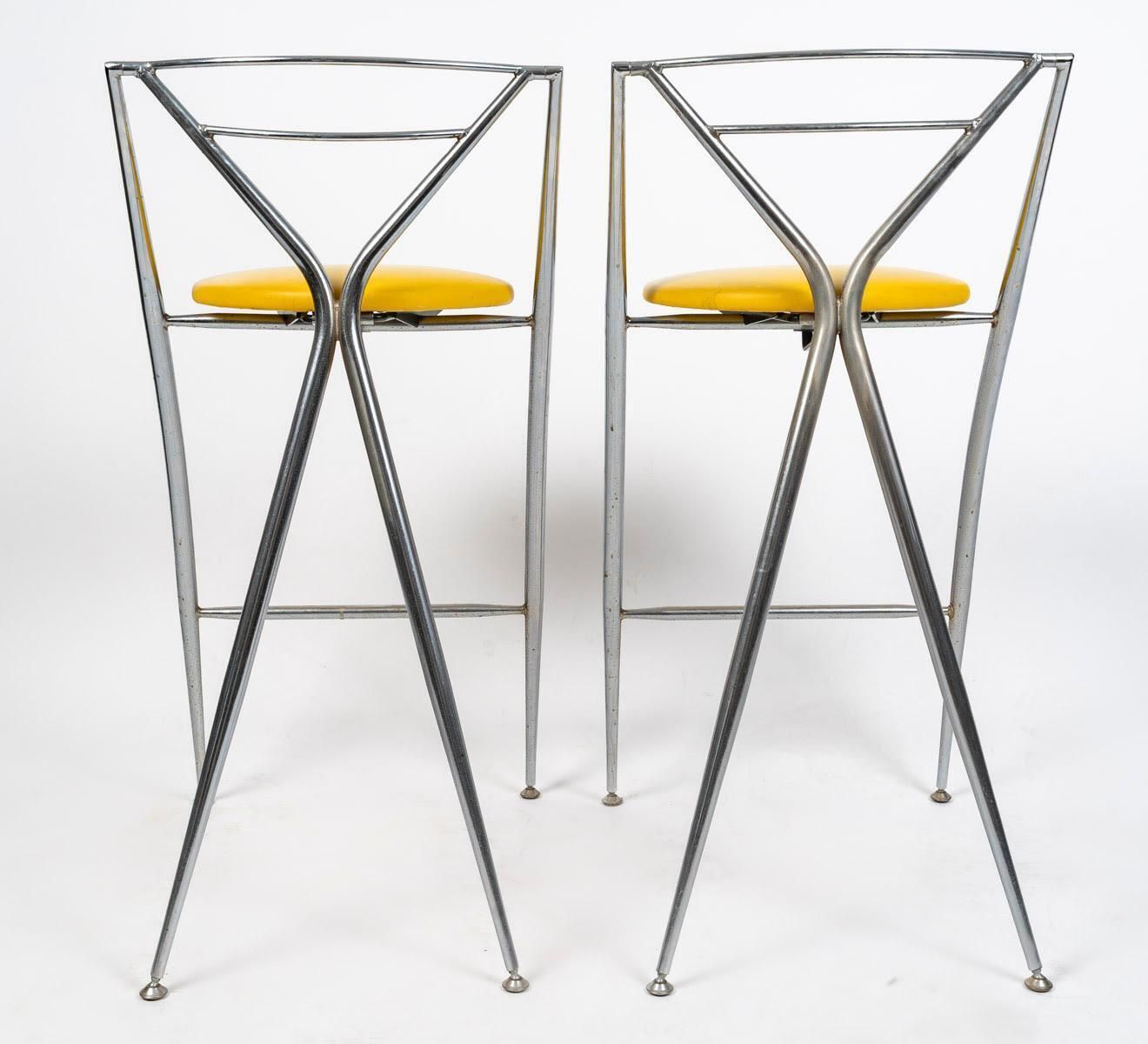 Pair Of 1980s Design Stools In Chromed Metal And Skai. photo 1771.0