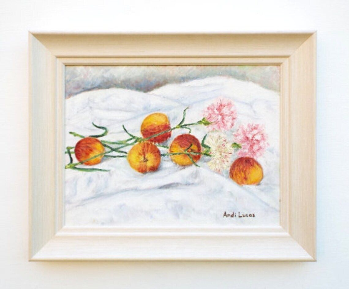 Peaches And Pink Carnations Still Life Framed Oil Painting Signed Original Still Life Oil Painting Fruit Flowers Oil Painting Andi J Lucas