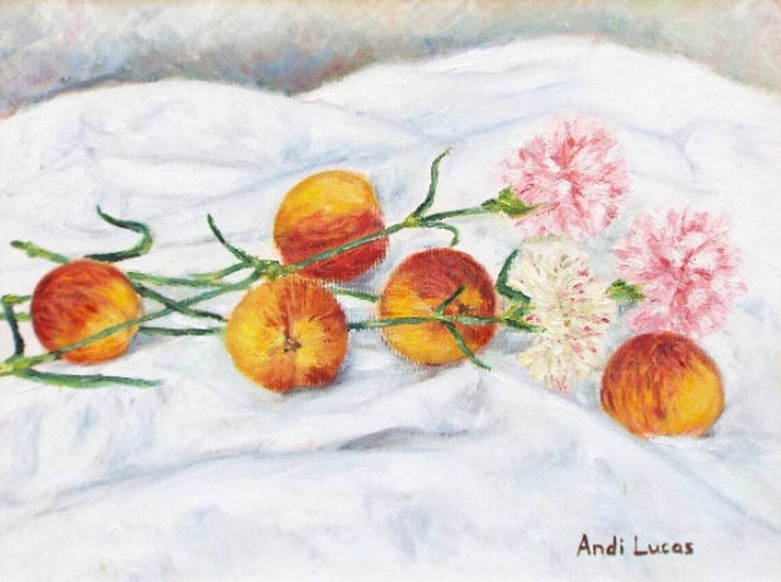 Peaches And Pink Carnations Still Life Framed Oil Painting Signed Original Still Life Oil Painting Fruit Flowers Oil Painting Andi J Lucas photo furniture