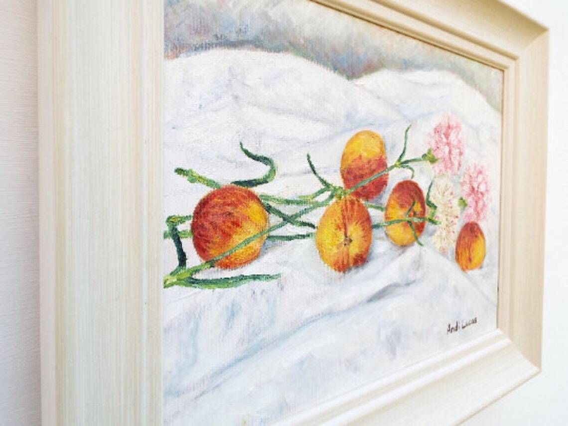 Peaches And Pink Carnations Still Life Framed Oil Painting Signed Original Still Life Oil Painting Fruit Flowers Oil Painting Andi J Lucas photo vinterior