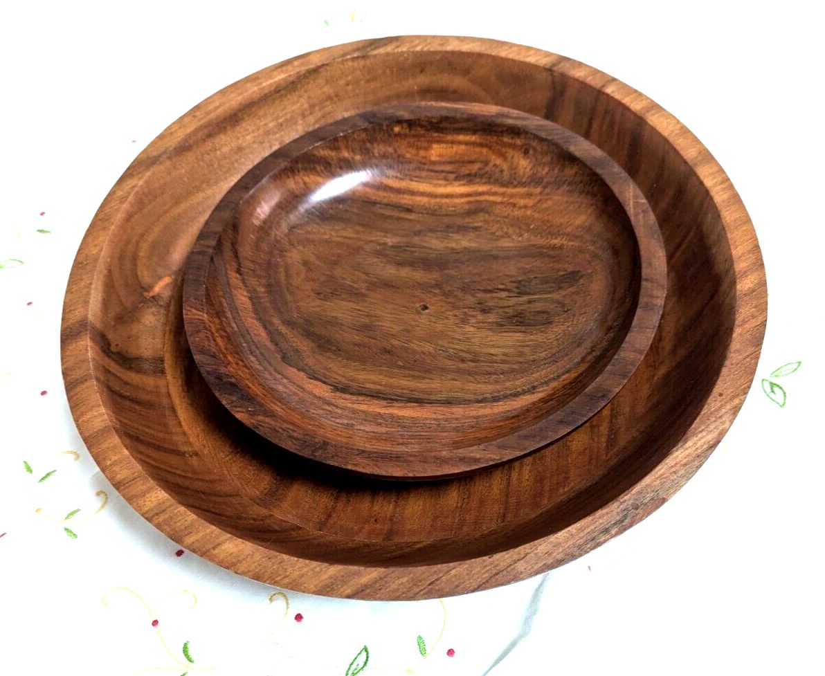 Pair Of Unused Retro Polished Wooden Teak Hand Turned Bowls Fruit Nuts Snacks 30cm Diameter photo vintage