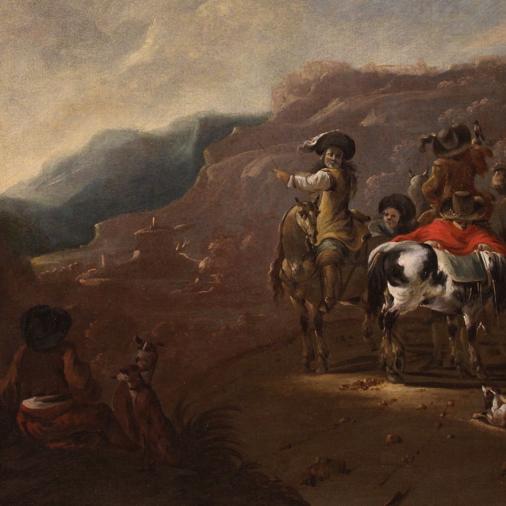 Flemish Painting From The 17th Century, Hunting Scene photo for sale