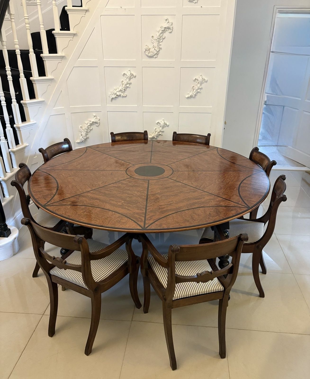photo furniture Magnificent Quality Large Antique Burr Pollard Oak And Ebony Inlaid Round Dining Table