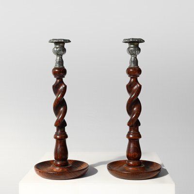French Barley Twist Candlesticks In Wood With Silver Plated Bobeches, 1850, Set Of 2