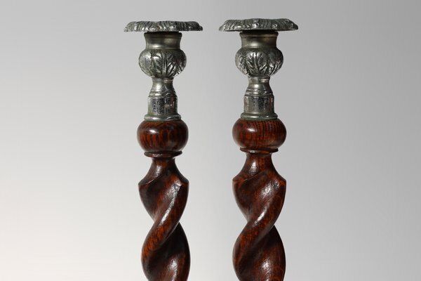 French Barley Twist Candlesticks In Wood With Silver Plated Bobeches, 1850, Set Of 2 photo buy