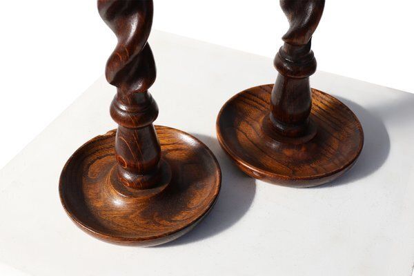 photo furniture French Barley Twist Candlesticks In Wood With Silver Plated Bobeches, 1850, Set Of 2