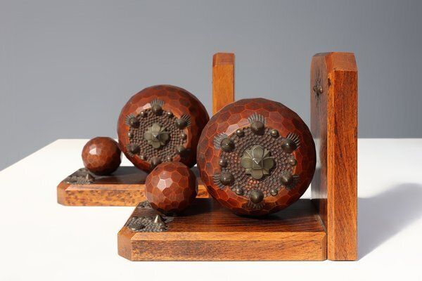 Art Deco Faceted Ball Bookends In Oak With Metal Decorations, 1920, Set Of 2 photo furniture