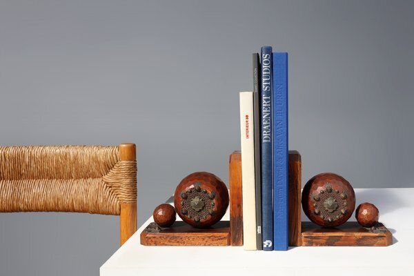 Art Deco Faceted Ball Bookends In Oak With Metal Decorations, 1920, Set Of 2 photo for sale