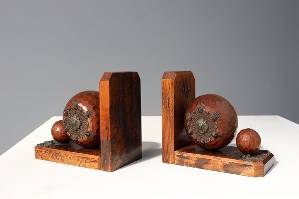 Art Deco Faceted Ball Bookends In Oak With Metal Decorations, 1920, Set Of 2 photo vinterior