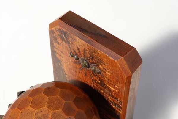 Art Deco Faceted Ball Bookends In Oak With Metal Decorations, 1920, Set Of 2 photo vintage