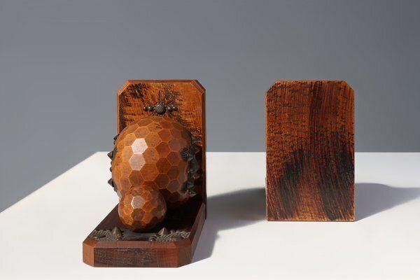 photo for sale Art Deco Faceted Ball Bookends In Oak With Metal Decorations, 1920, Set Of 2