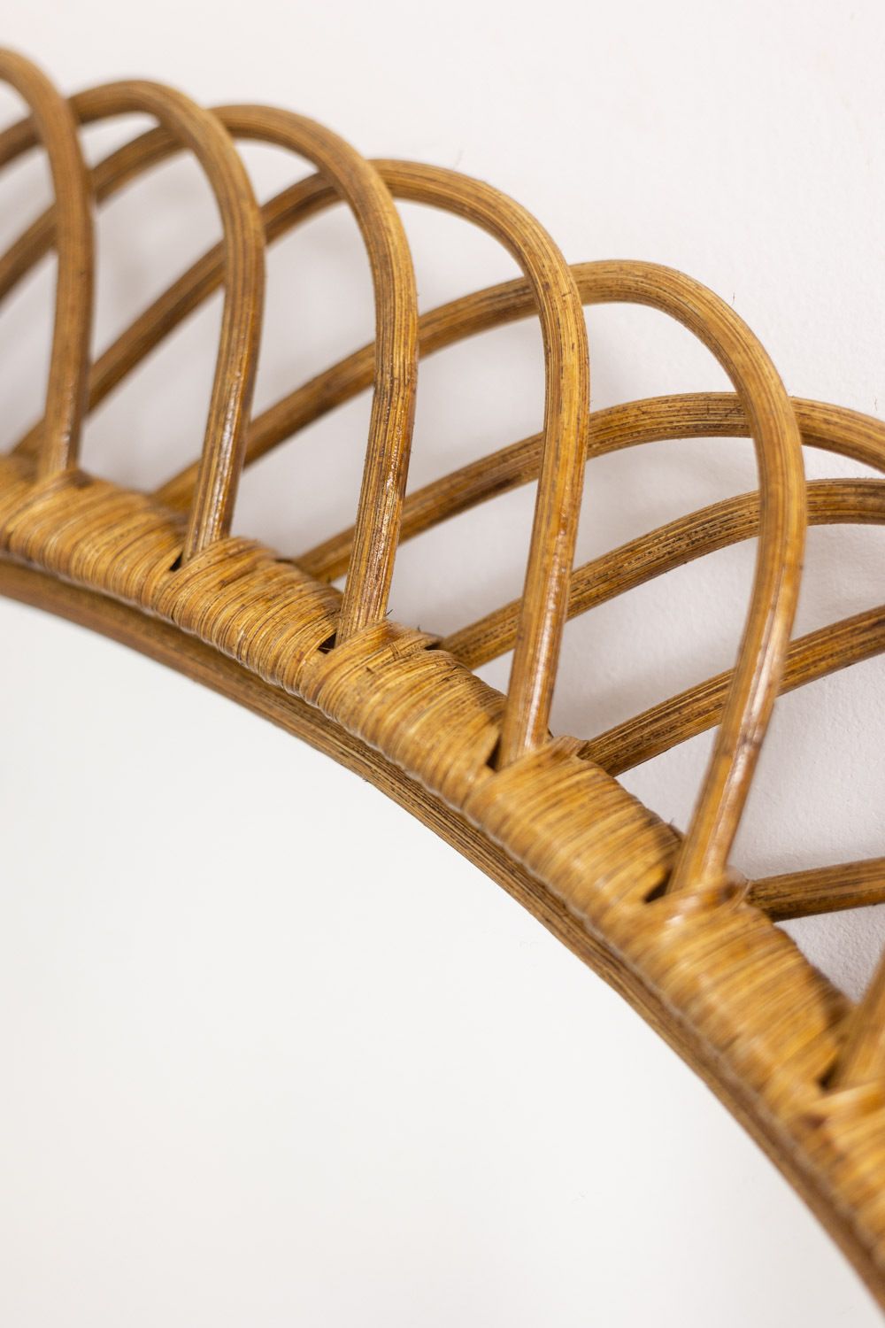 Pair Of Round Rattan Mirrors With Interlacing. 1980s. photo vinterior