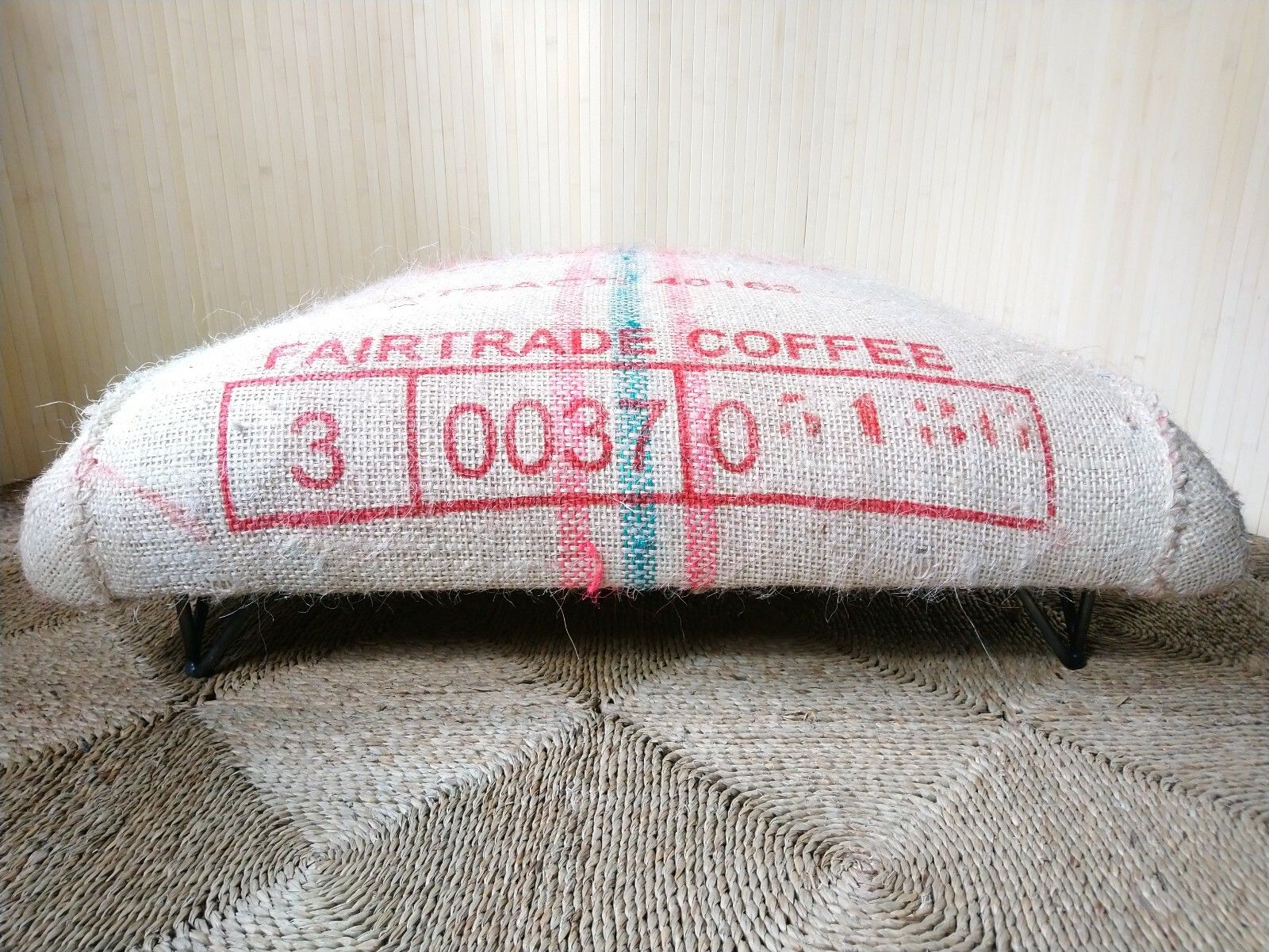 Fab Vintage Retro Industrial Xl Coffee Bean Sack Footstool Pouffe Hairpin Legs photo for sale