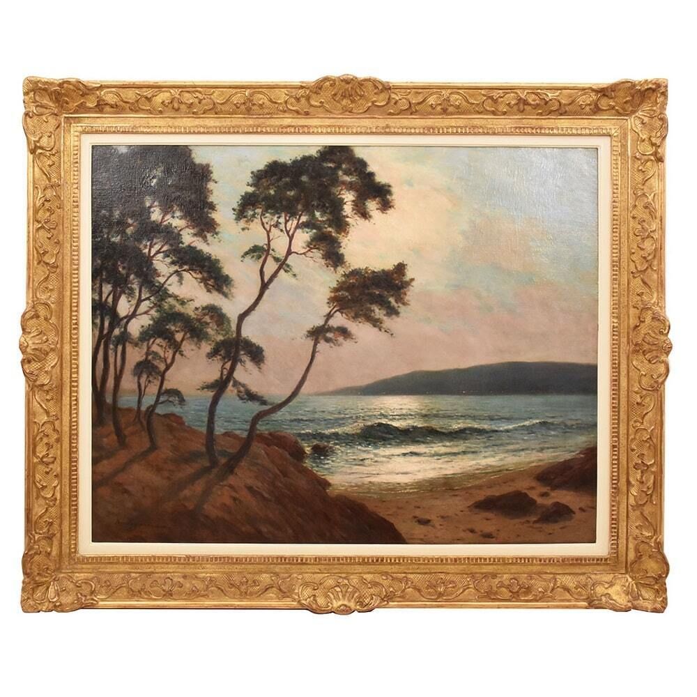 Antique Landscape Painting, Seascape Painting, Harbour With Sunset, Oil On Canvas, 20th Century. (Qm650)