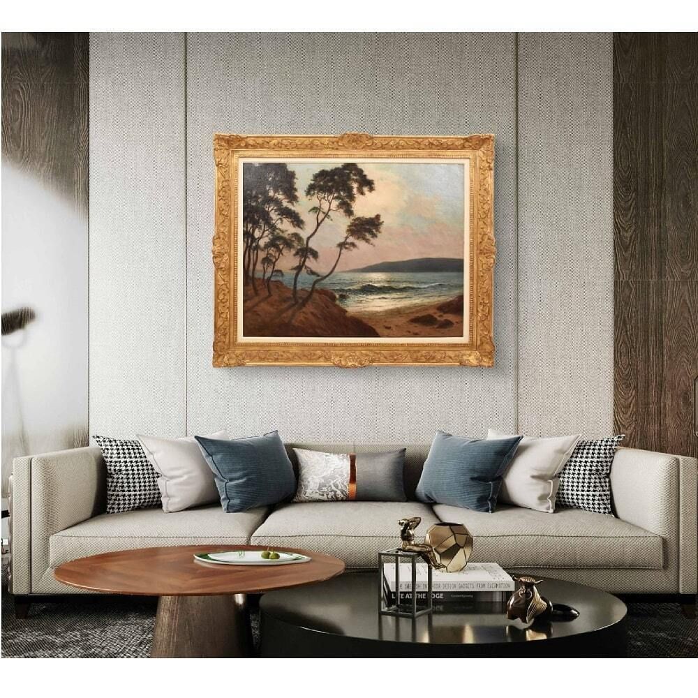 Antique Landscape Painting, Seascape Painting, Harbour With Sunset, Oil On Canvas, 20th Century. (Qm650) photo furniture