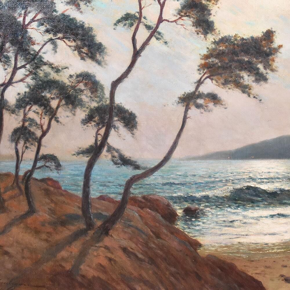 Antique Landscape Painting, Seascape Painting, Harbour With Sunset, Oil On Canvas, 20th Century. (Qm650) photo Art