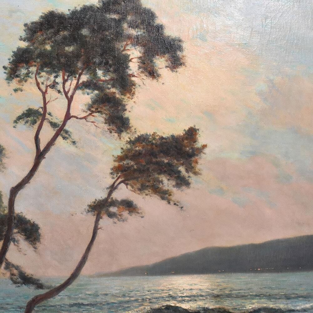 Antique Landscape Painting, Seascape Painting, Harbour With Sunset, Oil On Canvas, 20th Century. (Qm650) photo 3500.0
